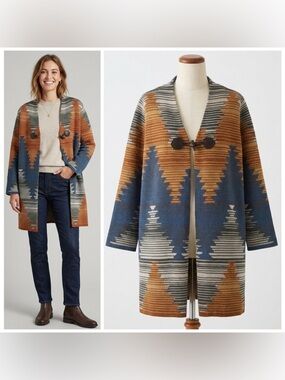 Aspen Southwestern Tribal Knit Cardigan Coat Rust Blue Geo Indie Boho Size L